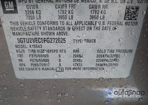 2015 GMC Sierra 1500 Slt из США, поврежденный, VIN 3GTU2VEC5FG272625